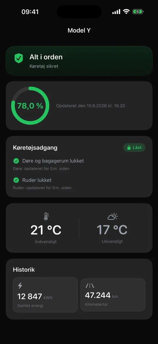 SentryAlert køretøjsstatusskærm der viser en Tesla med Sentry-tilstand aktiveret