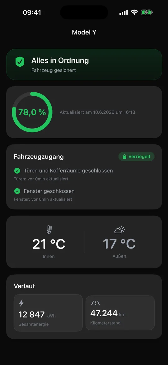 SentryAlert Fahrzeugstatusbildschirm mit einem Tesla im aktiven Wächtermodus
