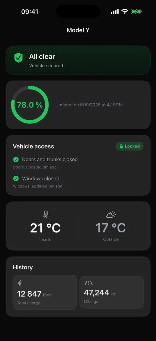 SentryAlert vehicle status screen showing a Tesla with Sentry Mode active