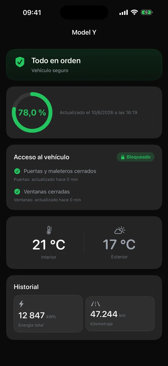 Pantalla de estado del vehículo SentryAlert mostrando un Tesla con el Modo Centinela activado