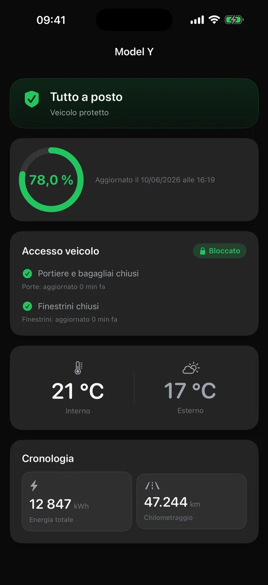 Schermata di stato veicolo SentryAlert che mostra una Tesla con la Modalità Sentinella attivata