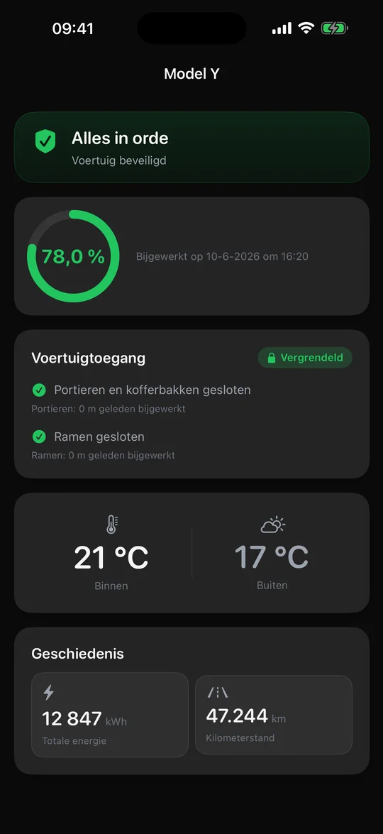 SentryAlert voertuigstatusscherm met een Tesla met geactiveerde Bewakingsmodus