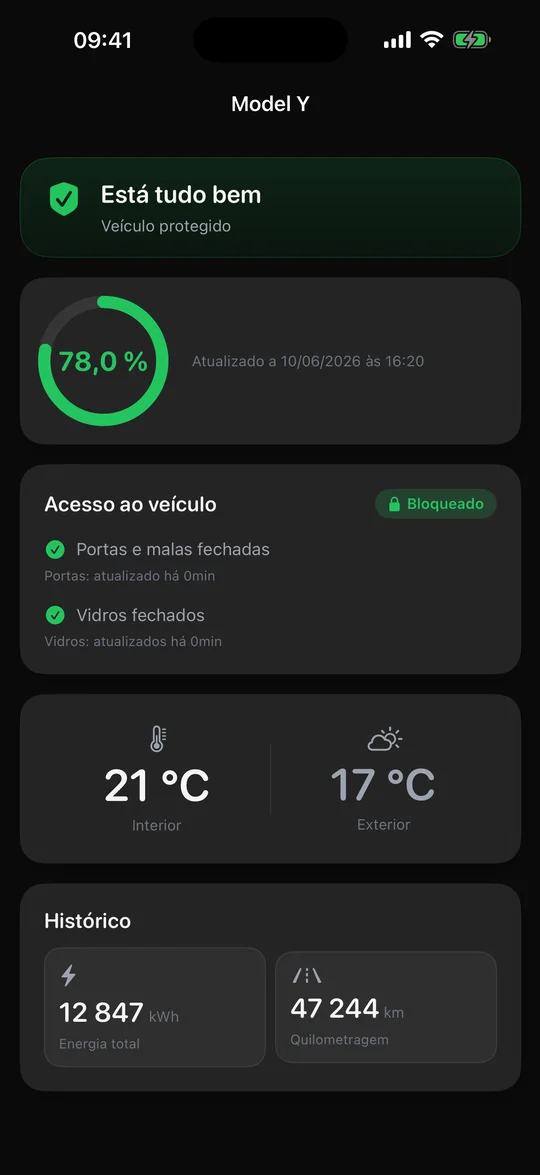 Ecrã de estado do veículo no SentryAlert a mostrar um Tesla com o Modo Sentinela ativado