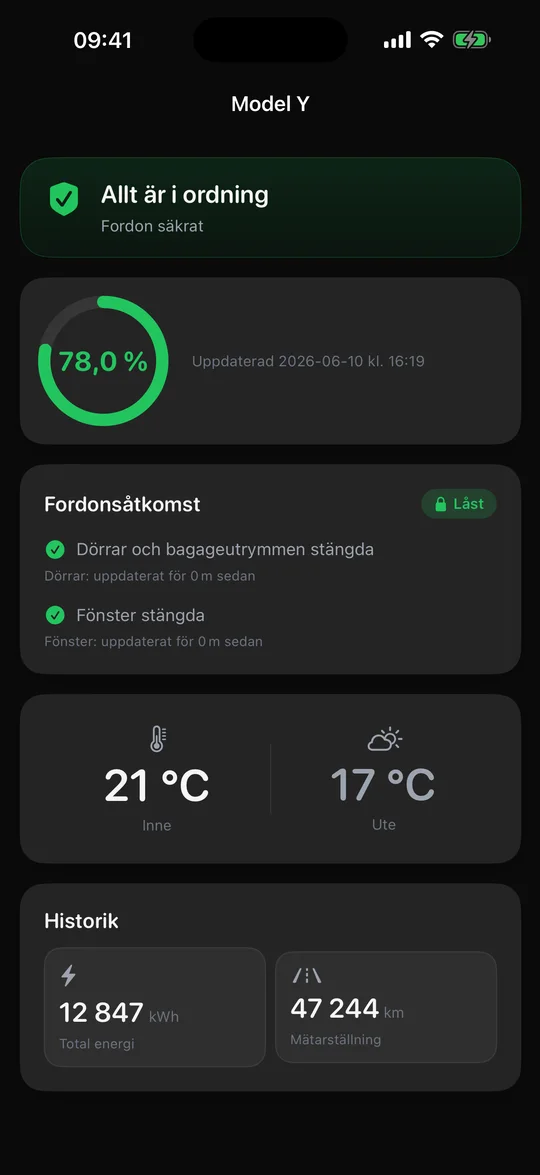 SentryAlert fordonsstatusskärm som visar en Tesla med Vaktläge aktiverat