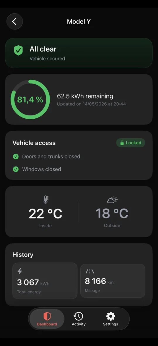 SentryAlert 車輛狀態畫面，顯示一輛哨兵模式已啟動（Armed）的 Tesla