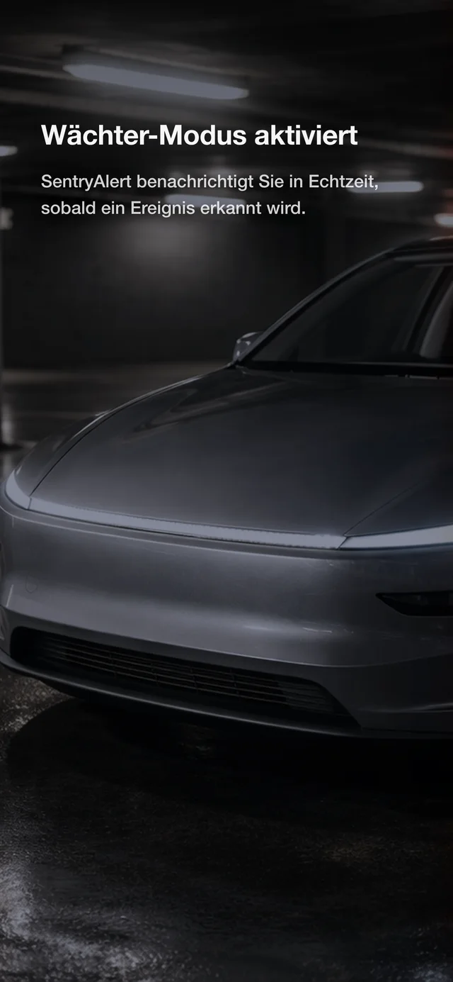 Tesla mit aktiviertem Wächter-Modus in einem dunklen Parkhaus