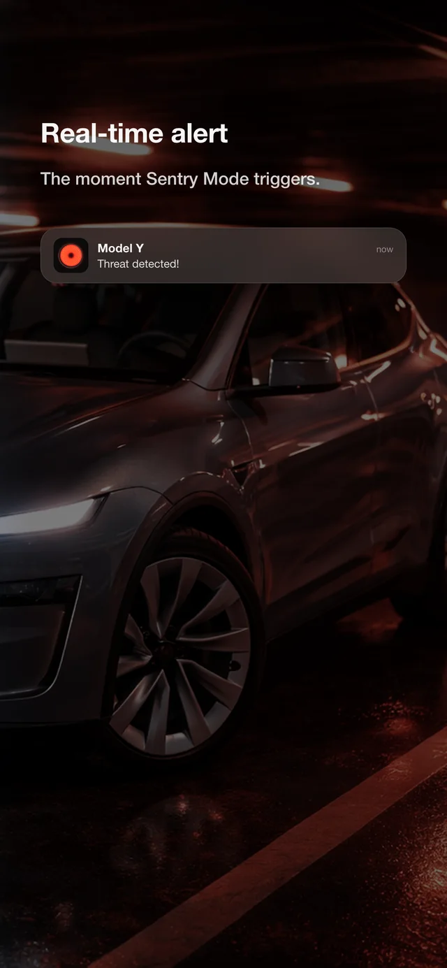 Real-time SentryAlert notification for Sentry activity reported near a Tesla vehicle