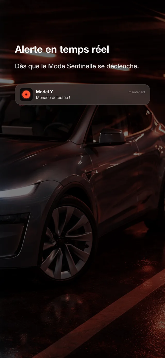 Notification SentryAlert en temps réel : menace détectée près d'une Tesla