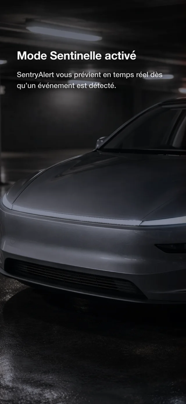 Tesla avec le Mode Sentinelle activé dans un parking sombre