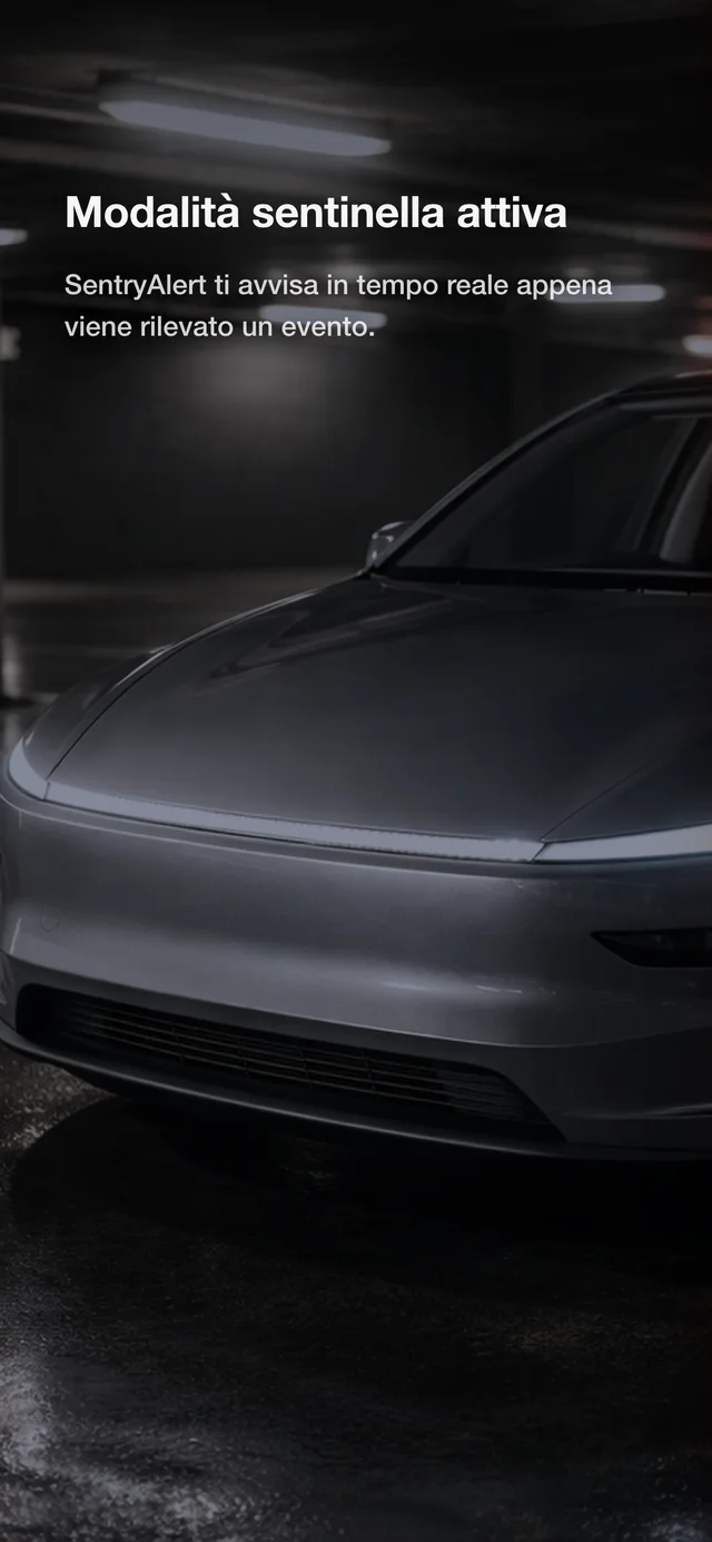 Tesla con la Modalità sentinella attiva in un parcheggio buio