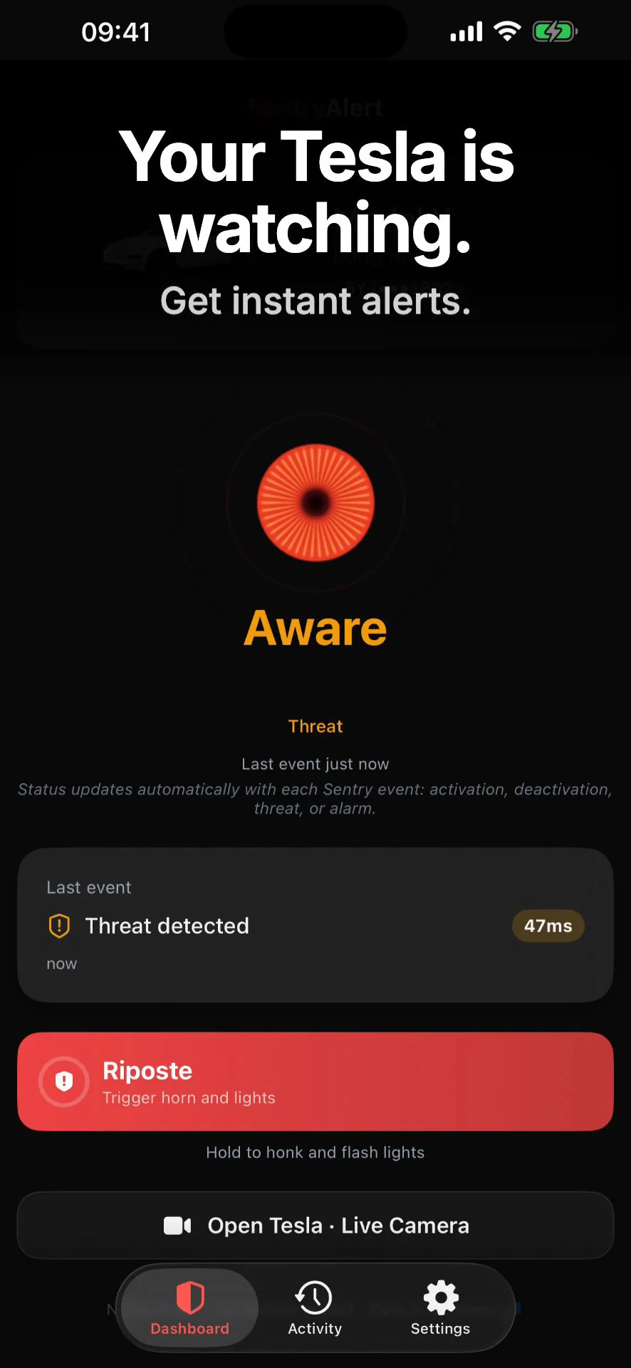 SentryAlert App 預覽，顯示一輛已啟用哨兵模式的 Tesla